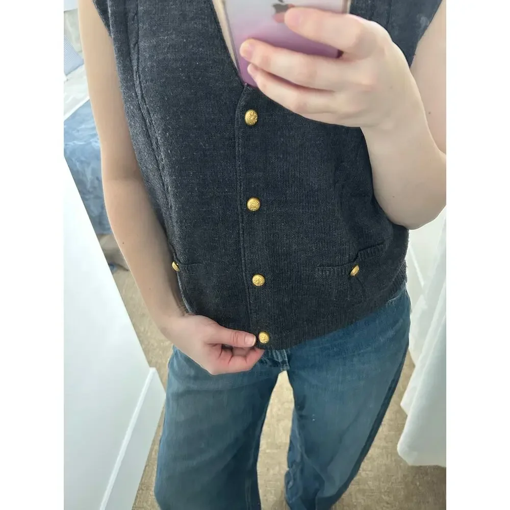 Vintage Sag Harbour dark grey gold button v neck sweater vest sz M-L - Picture 3 of 8